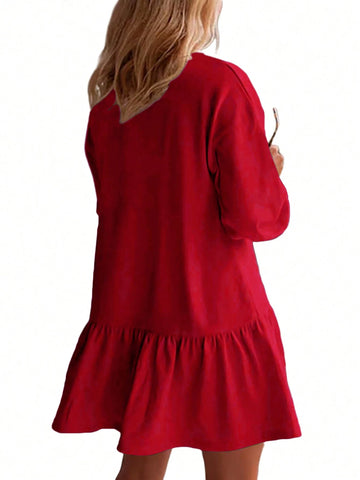 Oversized Women's Neckline Crossed Design Round Neck, Dropped Shoulder Long Sleeve Casual Loose Sweatshirt Dress