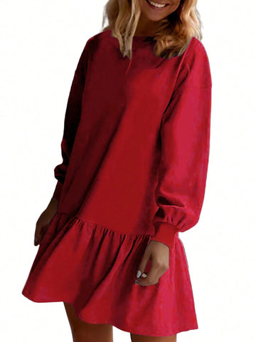 Oversized Women's Neckline Crossed Design Round Neck, Dropped Shoulder Long Sleeve Casual Loose Sweatshirt Dress
