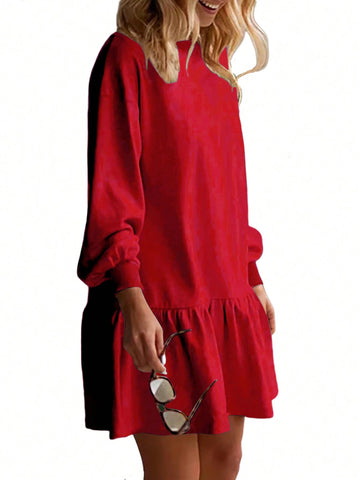 Oversized Women's Neckline Crossed Design Round Neck, Dropped Shoulder Long Sleeve Casual Loose Sweatshirt Dress