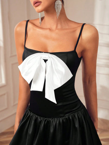 Women Black Puff Ball Hem White Bow Party Cute Mini Dress