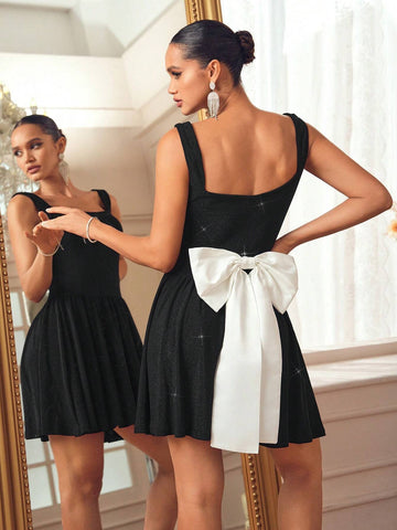 Oxana Designer Women's Black Rhinestone Velvet Ruffle White Oversized Bow Girly Mini Dress