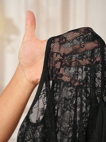 Oxana Designer Women's Black Sheer Floral Lace Round Neck Draped Party Long Sleeves Short Dress