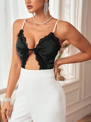 Oxana Designer Women's Black White Lace Satin Wide Leg Flared Pants Contrast Spaghetti Strap Jumpsuit Elegant Party, Holiday, New Year, Thanksgiving