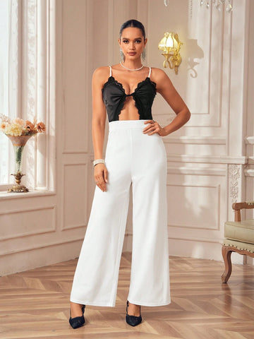 Oxana Designer Women's Black White Lace Satin Wide Leg Flared Pants Contrast Spaghetti Strap Jumpsuit Elegant Party, Holiday, New Year, Thanksgiving