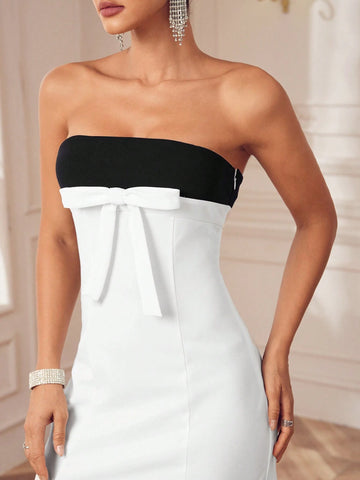 Oxana Designer Women's White And Black Elegant Tailored Bow Detail Bandeau Bodycon Mini Party Dress Girly