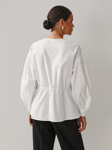 Oxana Women'S White Cotton Peplum Blouse With Balloon Sleeves And Front Bow Closure