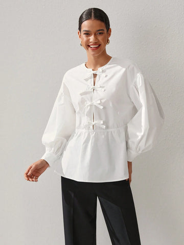 Oxana Women'S White Cotton Peplum Blouse With Balloon Sleeves And Front Bow Closure