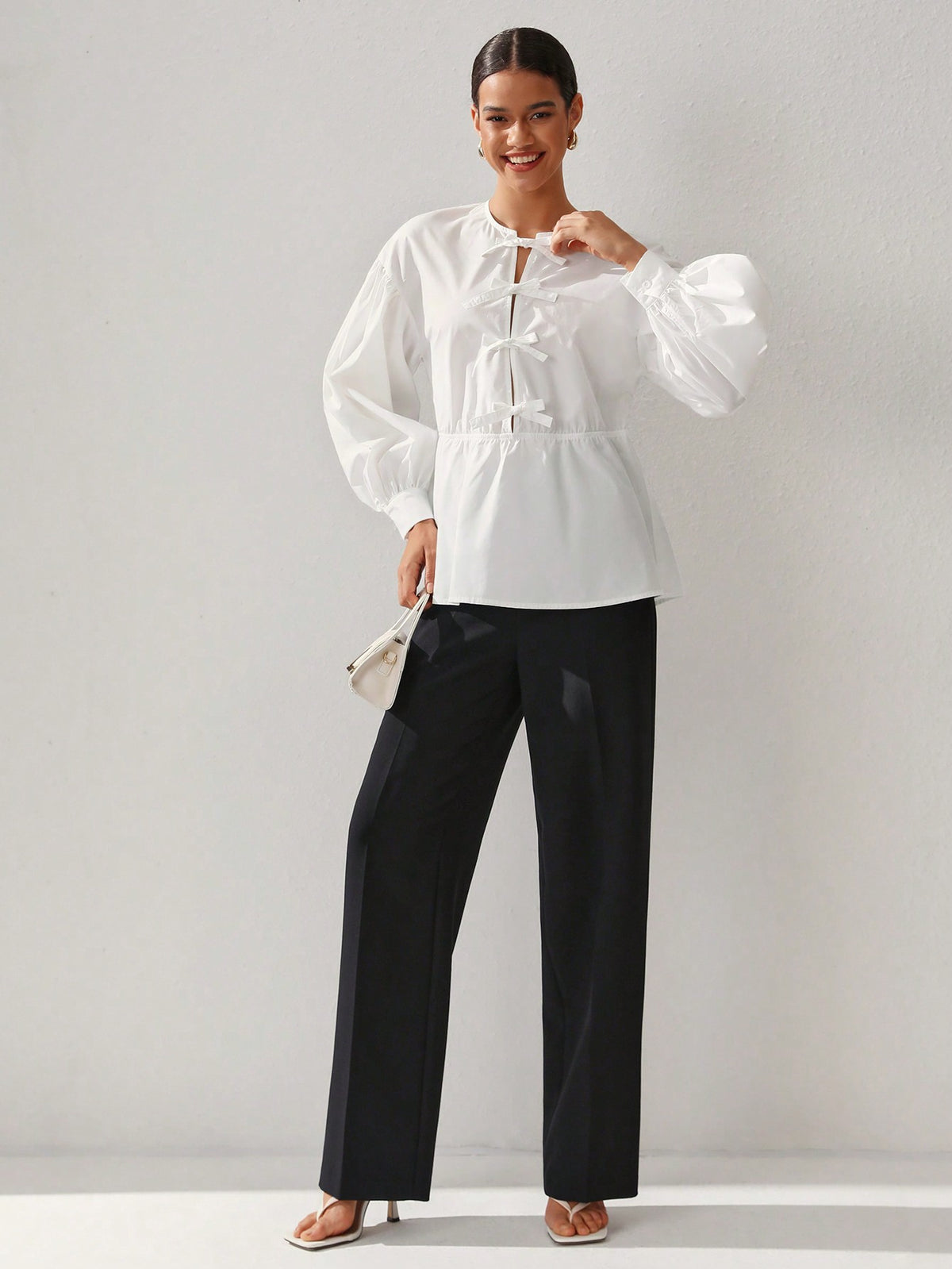 Oxana Women'S White Cotton Peplum Blouse With Balloon Sleeves And Front Bow Closure