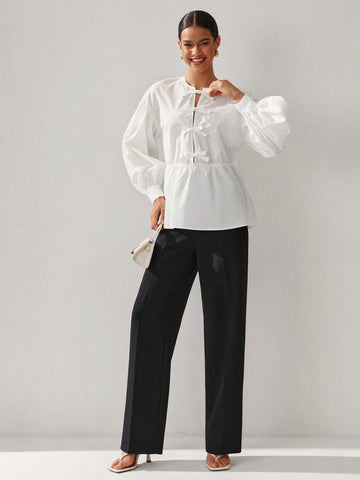 Oxana Women'S White Cotton Peplum Blouse With Balloon Sleeves And Front Bow Closure