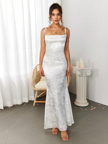 PARTHEA Backless Crisscross Tie Up Jacquard Satin Long Dress
