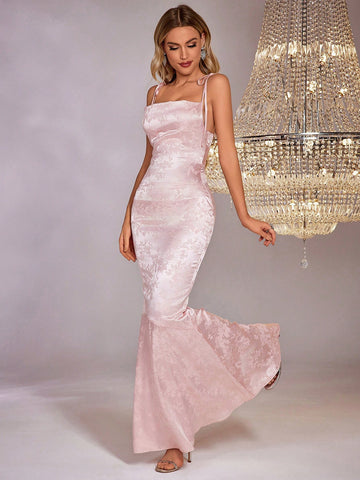 PARTHEA Backless Crisscross Tie Up Jacquard Satin Long Dress