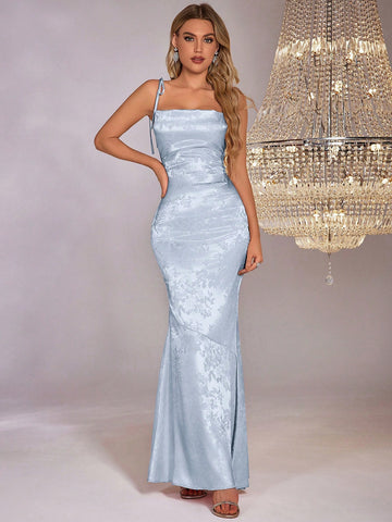 PARTHEA Backless Crisscross Tie Up Jacquard Satin Long Dress