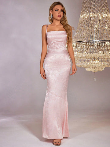 PARTHEA Backless Crisscross Tie Up Jacquard Satin Long Dress
