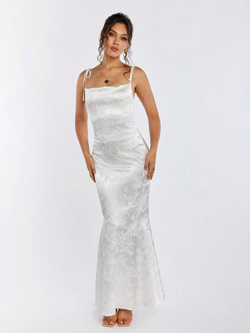PARTHEA Backless Crisscross Tie Up Jacquard Satin Long Dress