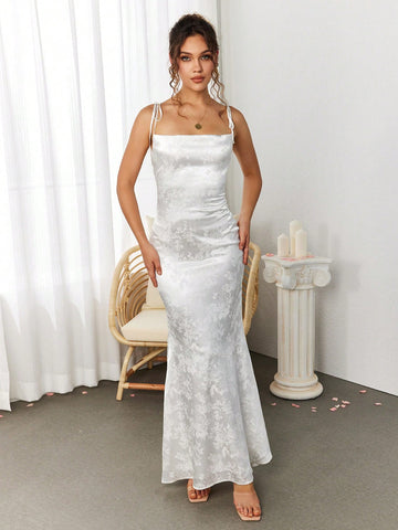 PARTHEA Backless Crisscross Tie Up Jacquard Satin Long Dress