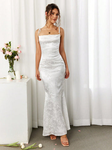 PARTHEA Backless Crisscross Tie Up Jacquard Satin Long Dress