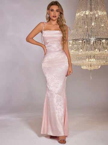 PARTHEA Backless Crisscross Tie Up Jacquard Satin Long Dress