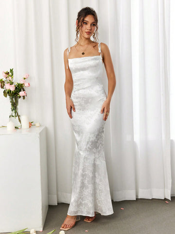 PARTHEA Backless Crisscross Tie Up Jacquard Satin Long Dress