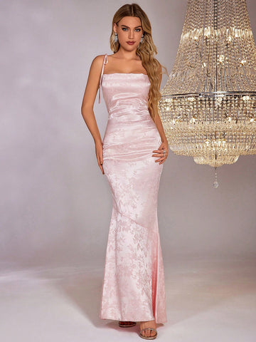 PARTHEA Backless Crisscross Tie Up Jacquard Satin Long Dress