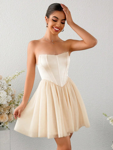 PARTHEA Backless Mesh Spliced Boning Bodycon Tube Ruched Dress