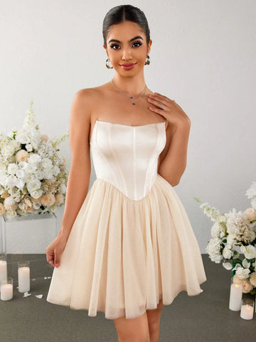 PARTHEA Backless Mesh Spliced Boning Bodycon Tube Ruched Dress