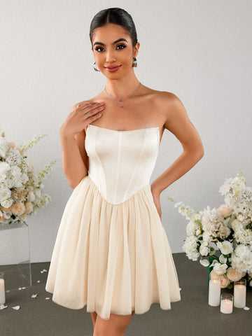 PARTHEA Backless Mesh Spliced Boning Bodycon Tube Ruched Dress