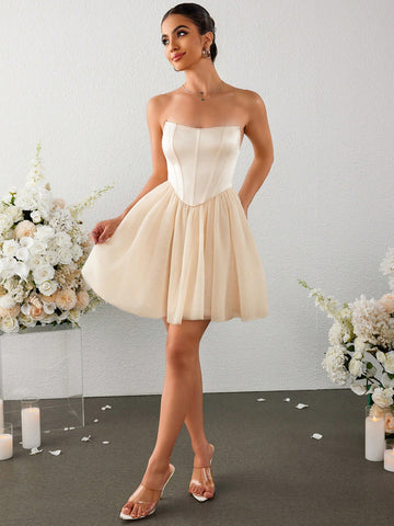 PARTHEA Backless Mesh Spliced Boning Bodycon Tube Ruched Dress