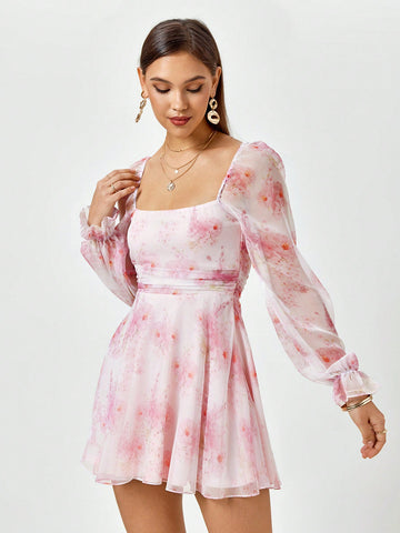 PARTHEA Backless Ruched Lantern Sleeve Floral Print Mesh Bodycon Dress
