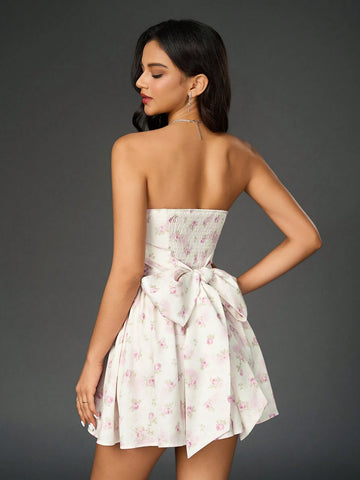 PARTHEA Backless Smocking Bow Tie Trim Floral Print Tube Ruched Bodycon Dress