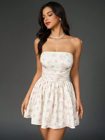 PARTHEA Backless Smocking Bow Tie Trim Floral Print Tube Ruched Bodycon Dress