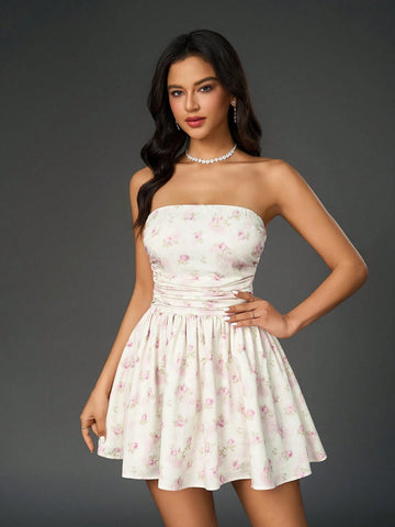 PARTHEA Backless Smocking Bow Tie Trim Floral Print Tube Ruched Bodycon Dress