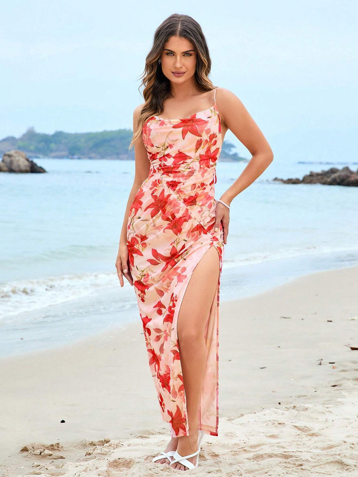 PARTHEA Backless Tie Split Thigh Floral Print Ruched Mesh Long Dress