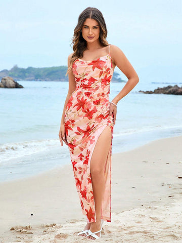 PARTHEA Backless Tie Split Thigh Floral Print Ruched Mesh Long Dress
