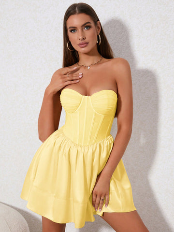 PARTHEA Boning Ruched Mesh Spliced Satin Corset Dress