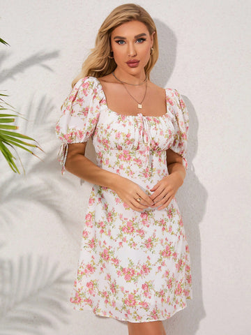 PARTHEA Floral Print Knot Front Puff Sleeve Chiffon Dress