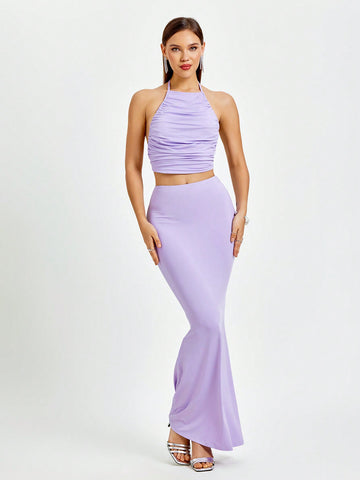 PARTHEA Halter Backless Tie Ruched Crop Top & Low Waist Mermaid Hem Bodycon Skirt