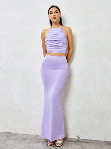 PARTHEA Halter Backless Tie Ruched Crop Top & Low Waist Mermaid Hem Bodycon Skirt