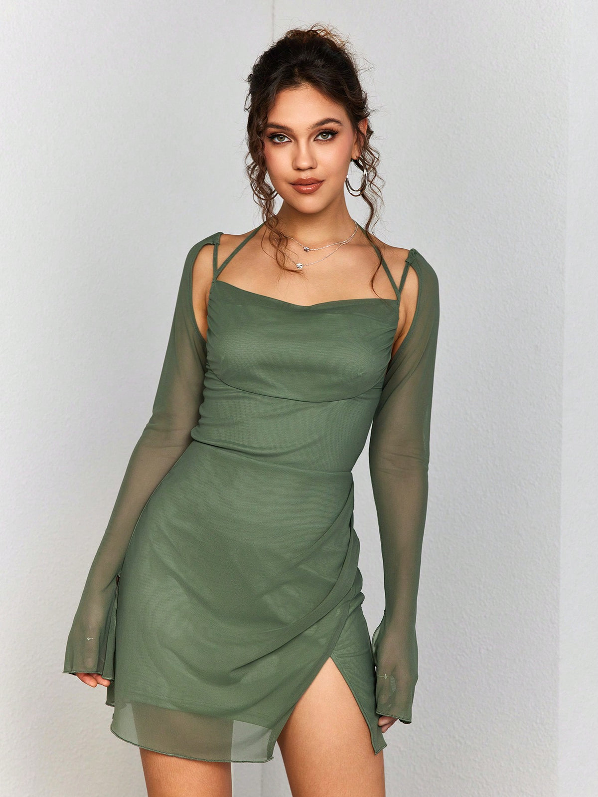PARTHEA Halter Cut Out Split Thigh Mesh Bodycon Dress