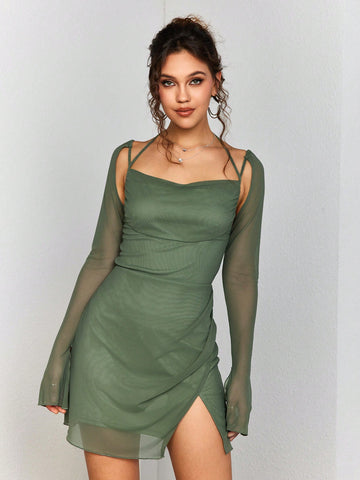 PARTHEA Halter Cut Out Split Thigh Mesh Bodycon Dress