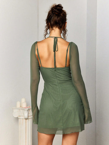 PARTHEA Halter Cut Out Split Thigh Mesh Bodycon Dress