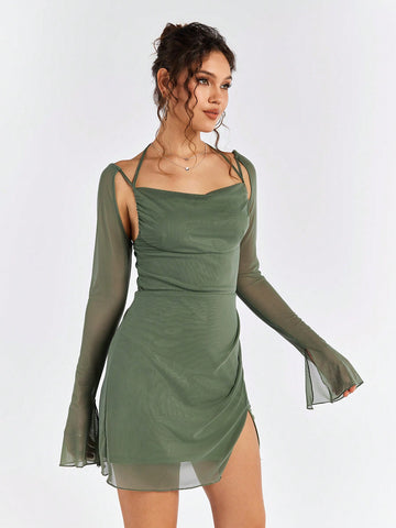 PARTHEA Halter Cut Out Split Thigh Mesh Bodycon Dress