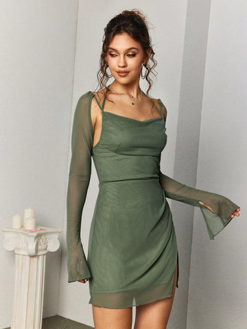PARTHEA Halter Cut Out Split Thigh Mesh Bodycon Dress