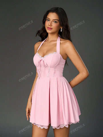 PARTHEA Halter Tie Backless Smocking Lace Spliced Bodycon Ruched Dress