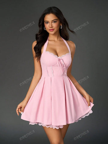 PARTHEA Halter Tie Backless Smocking Lace Spliced Bodycon Ruched Dress