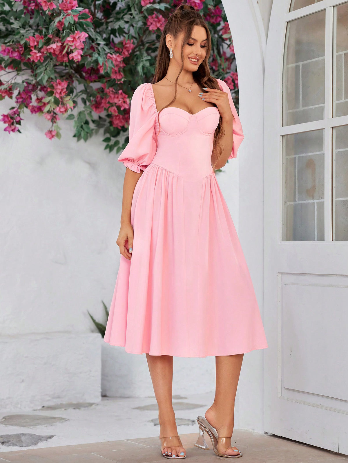 PARTHEA Lantern Sleeve Ruched Bodycon Dress