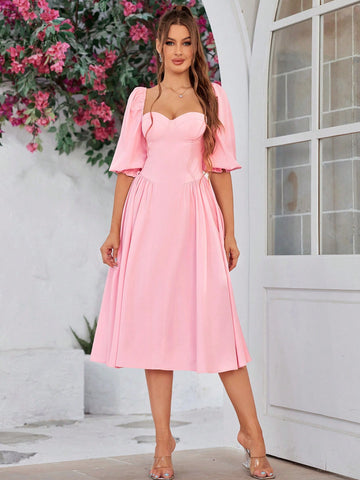 PARTHEA Lantern Sleeve Ruched Bodycon Dress