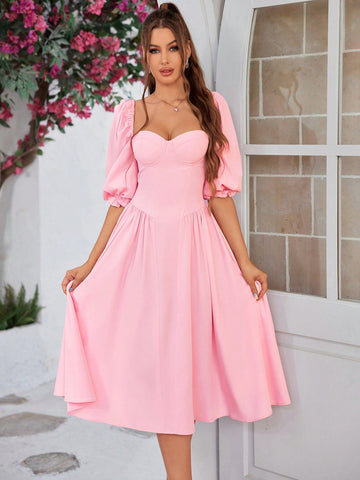 PARTHEA Lantern Sleeve Ruched Bodycon Dress