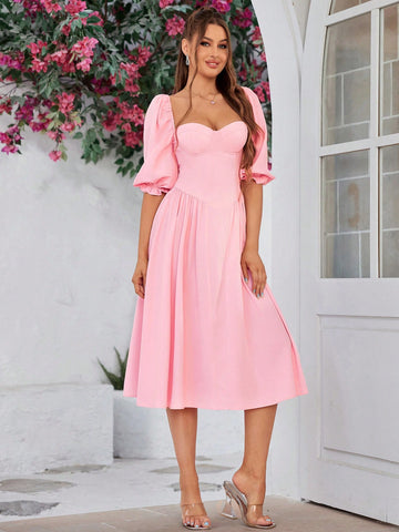 PARTHEA Lantern Sleeve Ruched Bodycon Dress