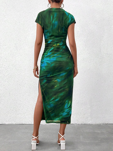 PARTHEA O-Neck Side Split Mesh Print Ruched Bodycon Dress