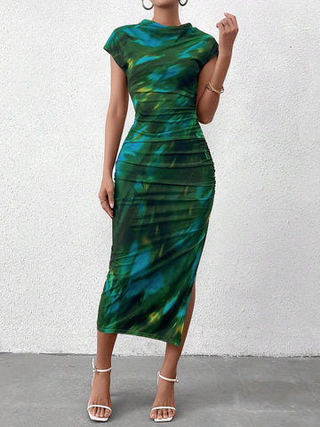 PARTHEA O-Neck Side Split Mesh Print Ruched Bodycon Dress